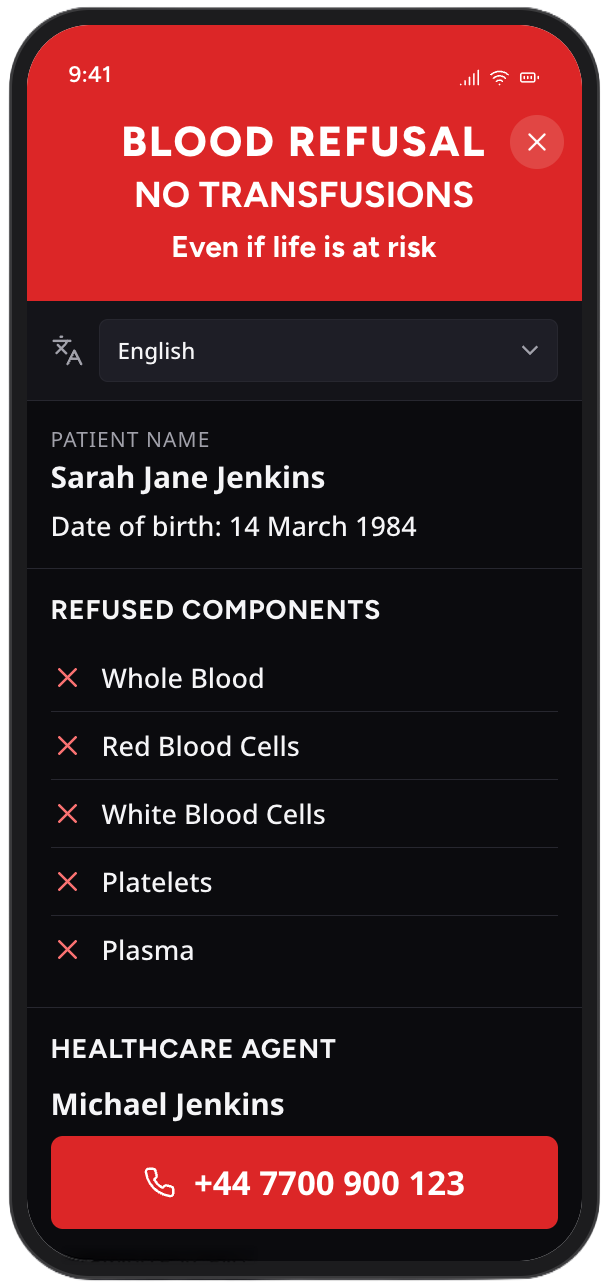 MyPBM Emergency Display showing advance decision and key medical information